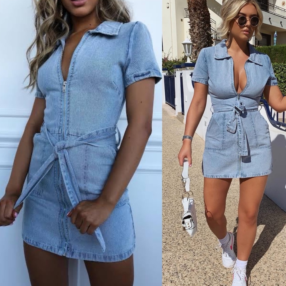 Whitefox Misbehave Denim Jean Mini Dress With Belt Light Blue XS